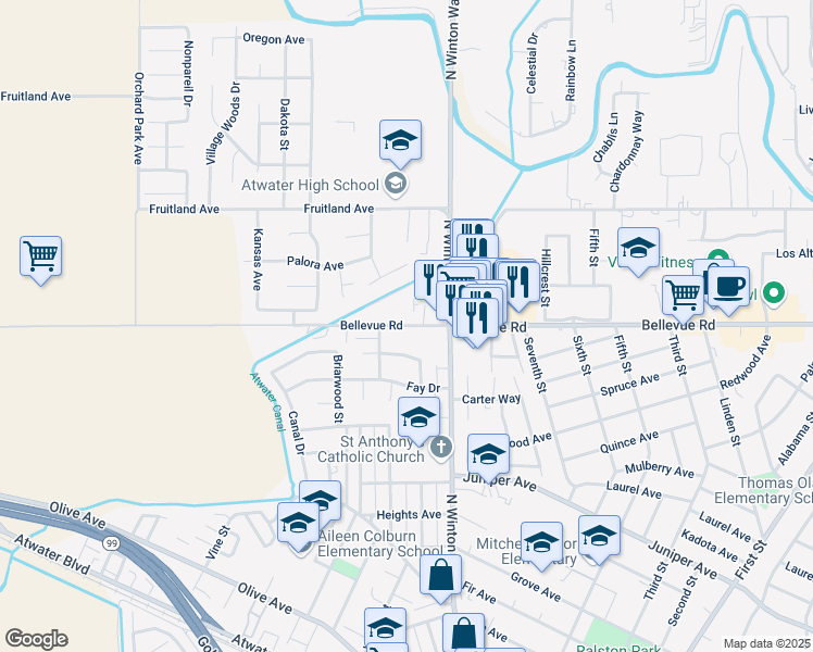 map of restaurants, bars, coffee shops, grocery stores, and more near 2011 Bellevue Road in Atwater