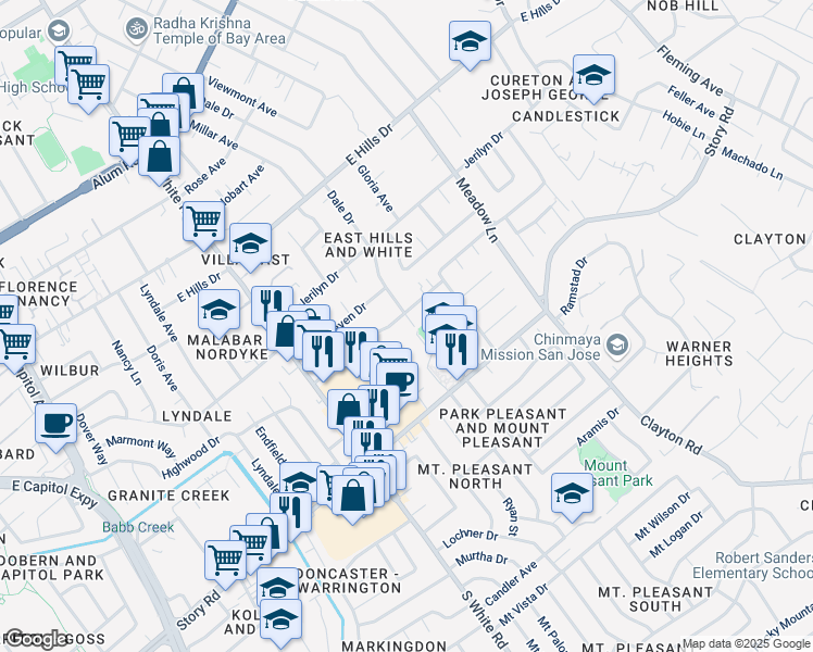 map of restaurants, bars, coffee shops, grocery stores, and more near 14200 Buckner Drive in San Jose