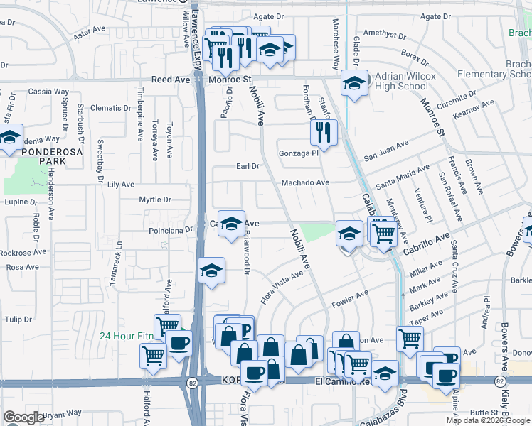 map of restaurants, bars, coffee shops, grocery stores, and more near 3454 Bonita Avenue in Santa Clara