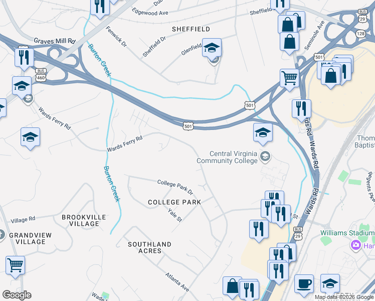 map of restaurants, bars, coffee shops, grocery stores, and more near 1729 Wards Ferry Road in Lynchburg