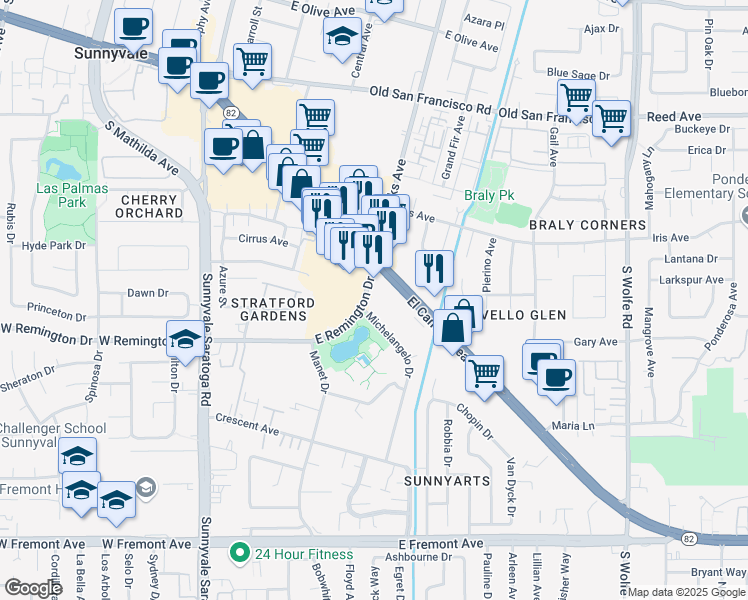 map of restaurants, bars, coffee shops, grocery stores, and more near 604 East El Camino Real in Sunnyvale