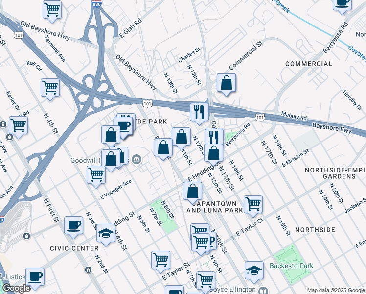 map of restaurants, bars, coffee shops, grocery stores, and more near 484 Horning Street in San Jose