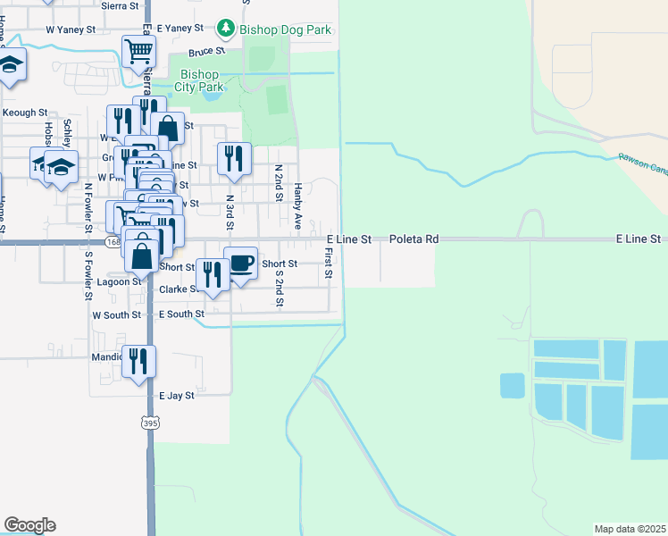 map of restaurants, bars, coffee shops, grocery stores, and more near 212 First Street in Bishop