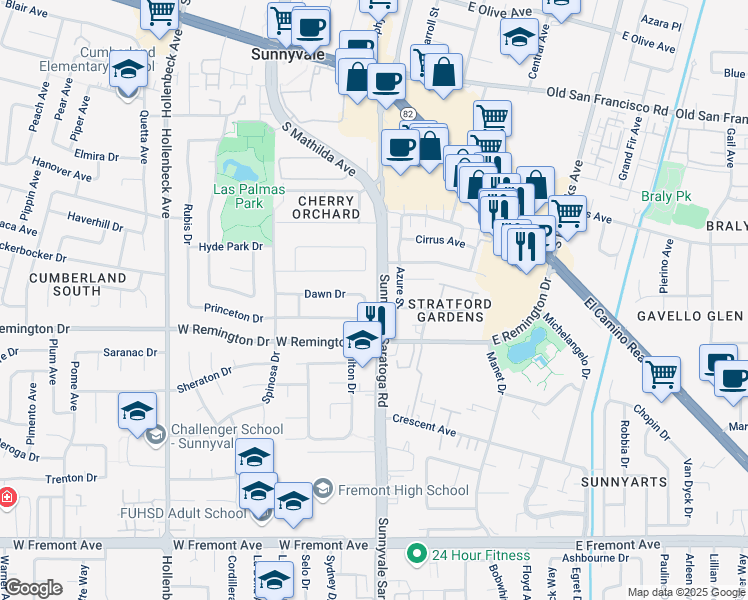 map of restaurants, bars, coffee shops, grocery stores, and more near 501 Dawn Drive in Sunnyvale