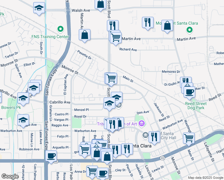 map of restaurants, bars, coffee shops, grocery stores, and more near 2095 Scott Boulevard in Santa Clara