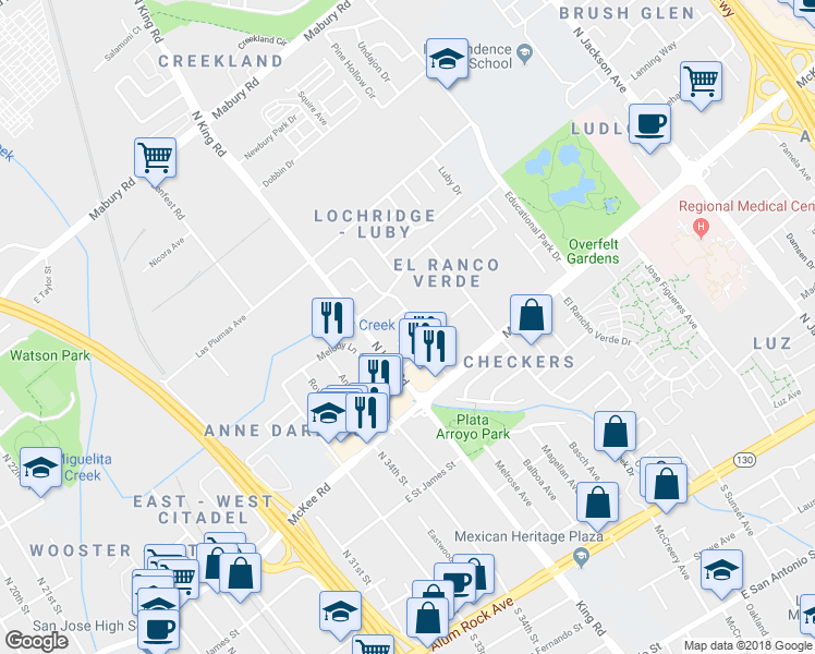 map of restaurants, bars, coffee shops, grocery stores, and more near 1741 Marigold Court in San Jose