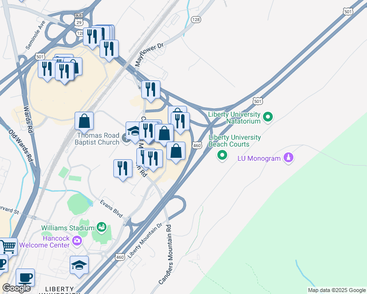 map of restaurants, bars, coffee shops, grocery stores, and more near 3730 Candlers Mountain Road in Lynchburg