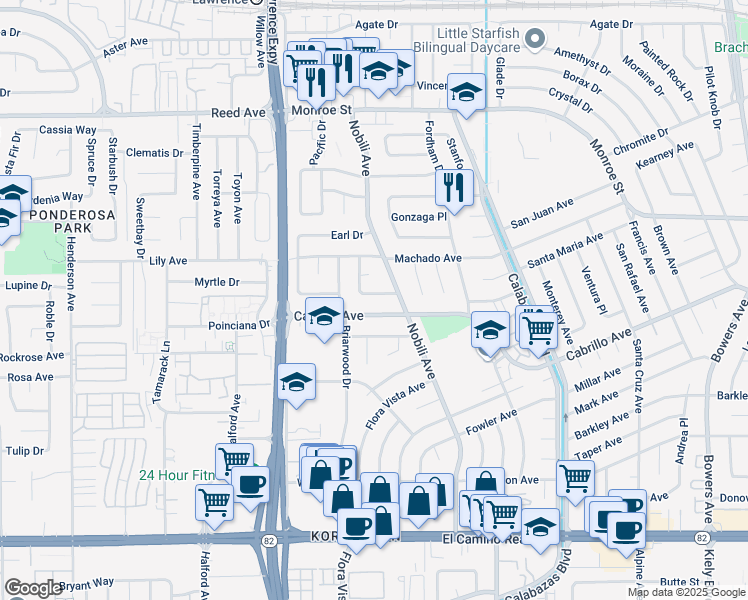 map of restaurants, bars, coffee shops, grocery stores, and more near 3454 Bonita Avenue in Santa Clara