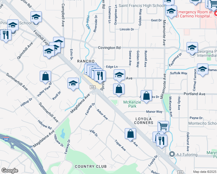 map of restaurants, bars, coffee shops, grocery stores, and more near 722 Brentwood Ct in Los Altos