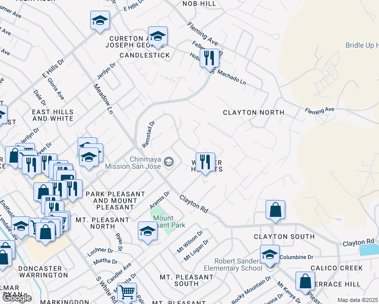 map of restaurants, bars, coffee shops, grocery stores, and more near 3480 Ramstad Drive in San Jose