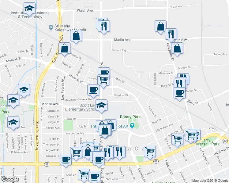 map of restaurants, bars, coffee shops, grocery stores, and more near 2077 Sahara Way in Santa Clara