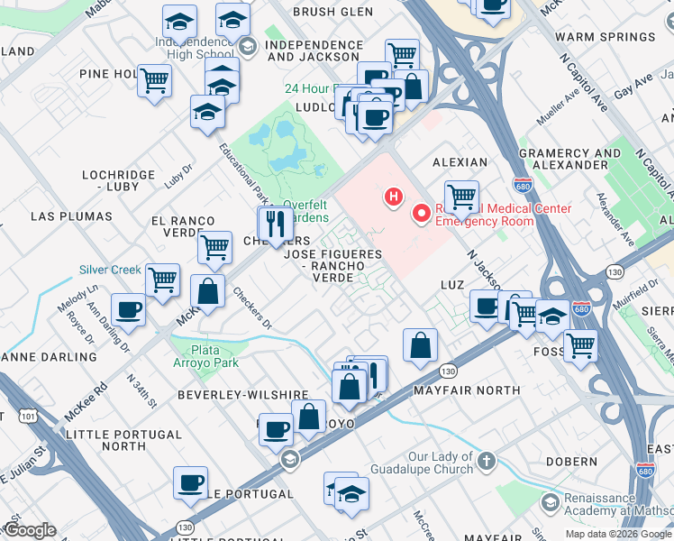 map of restaurants, bars, coffee shops, grocery stores, and more near 299 Cartago Court in San Jose