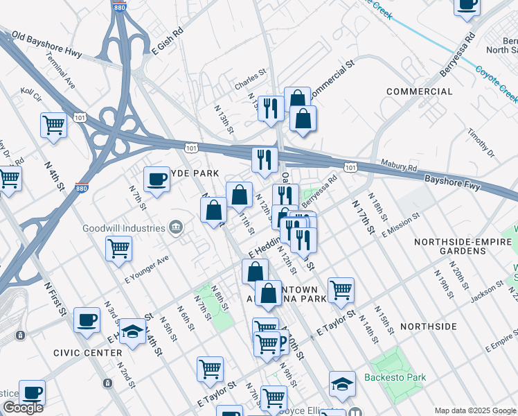 map of restaurants, bars, coffee shops, grocery stores, and more near 545 Santa Ana Avenue in San Jose