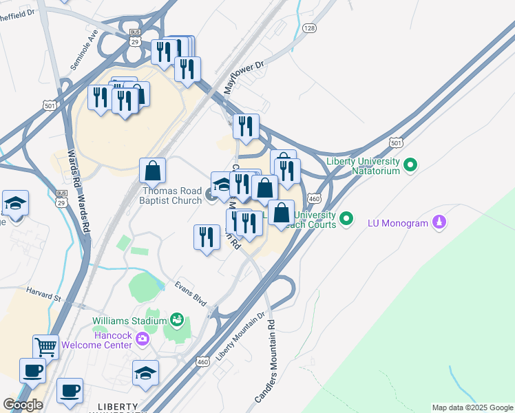 map of restaurants, bars, coffee shops, grocery stores, and more near 128 Montview Forest Drive in Lynchburg