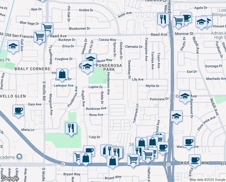 map of restaurants, bars, coffee shops, grocery stores, and more near 1059 Oleander Court in Sunnyvale