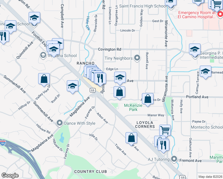 map of restaurants, bars, coffee shops, grocery stores, and more near 728 Brentwood Place in Los Altos