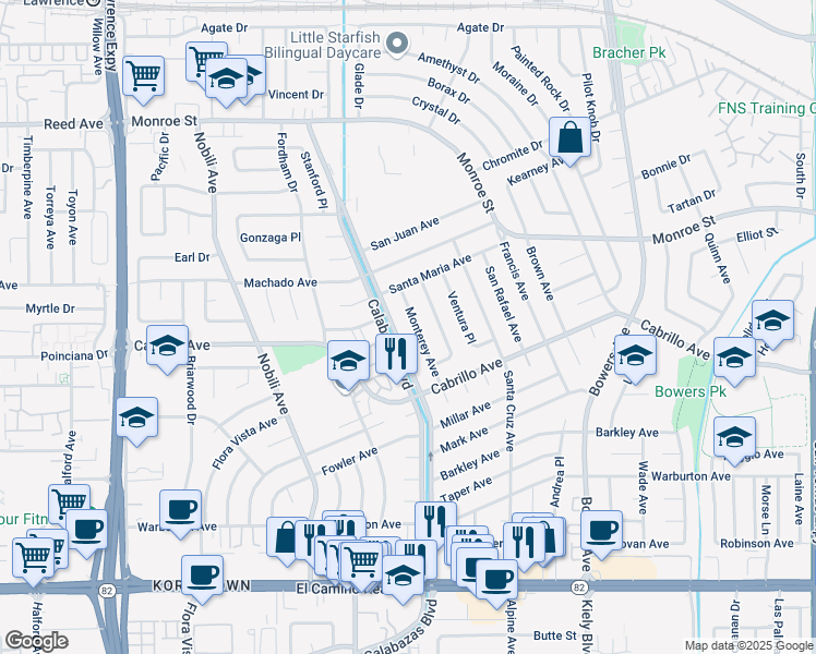 map of restaurants, bars, coffee shops, grocery stores, and more near 2178 Monterey Avenue in Santa Clara