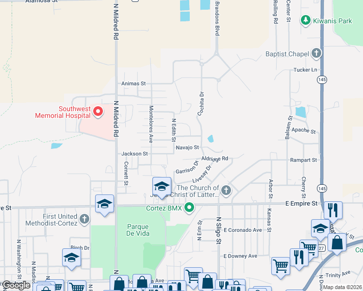 map of restaurants, bars, coffee shops, grocery stores, and more near 1410 Navajo Street in Cortez