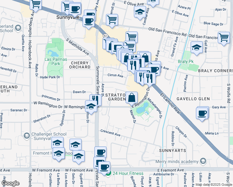 map of restaurants, bars, coffee shops, grocery stores, and more near 485 Ives Terrace in Sunnyvale