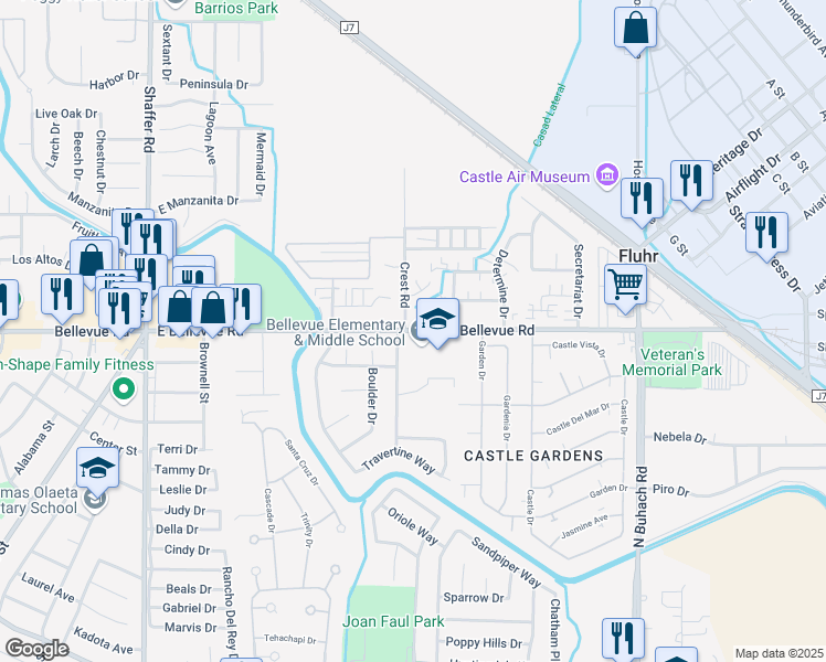 map of restaurants, bars, coffee shops, grocery stores, and more near 1020 East Bellevue Road in Atwater