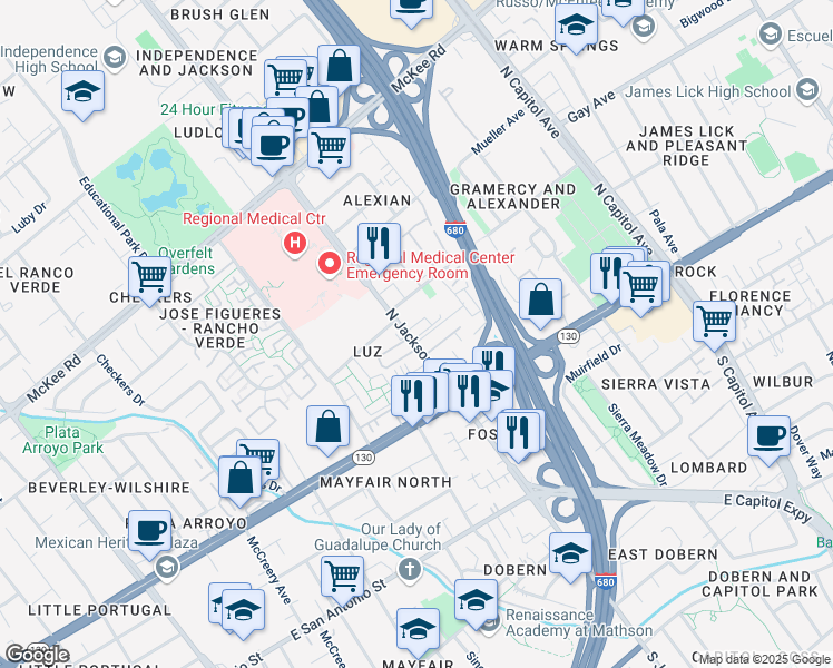 map of restaurants, bars, coffee shops, grocery stores, and more near 68 North Jackson Avenue in San Jose