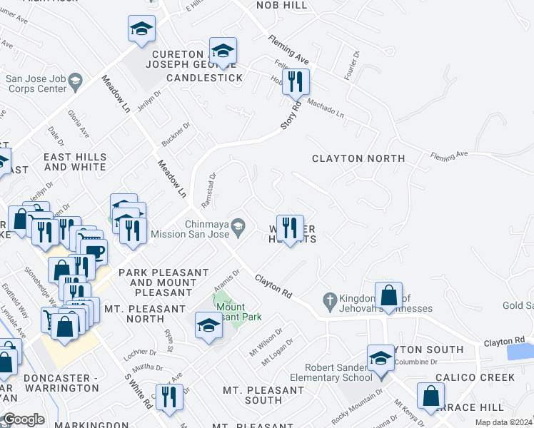 map of restaurants, bars, coffee shops, grocery stores, and more near 3480 Ramstad Drive in San Jose