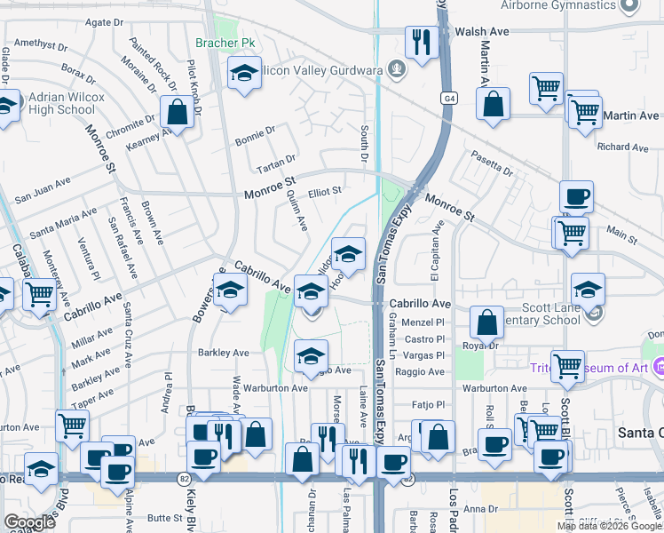 map of restaurants, bars, coffee shops, grocery stores, and more near 2079 Coolidge Drive in Santa Clara