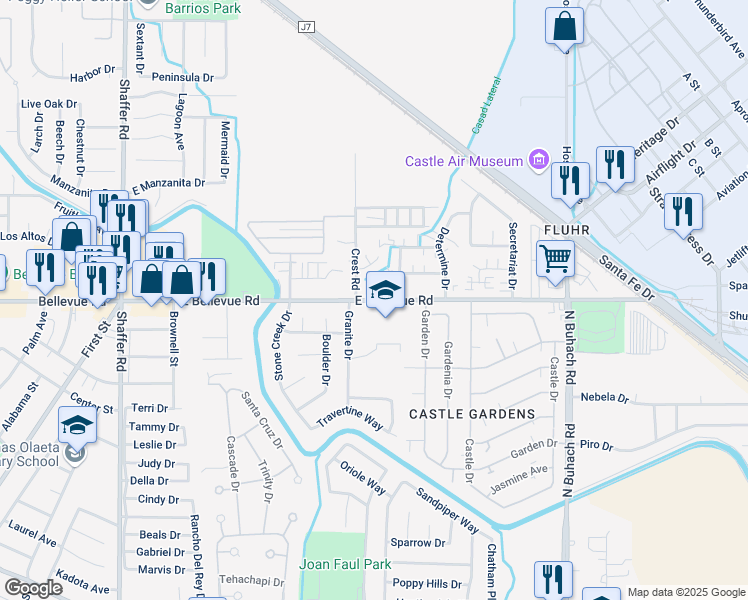 map of restaurants, bars, coffee shops, grocery stores, and more near Bellevue Road in Atwater