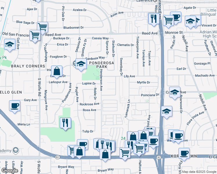 map of restaurants, bars, coffee shops, grocery stores, and more near 1059 Oleander Court in Sunnyvale