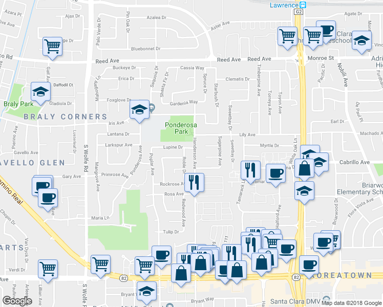 map of restaurants, bars, coffee shops, grocery stores, and more near 831 Henderson Avenue in Sunnyvale