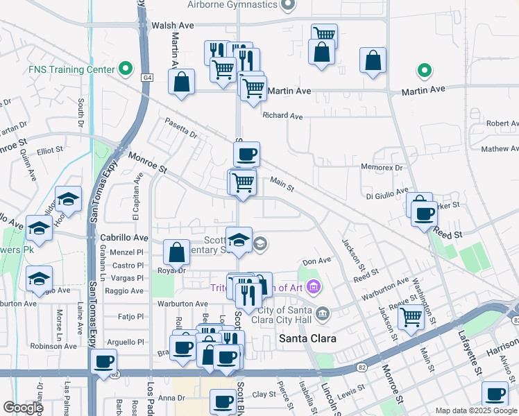 map of restaurants, bars, coffee shops, grocery stores, and more near 2095 Scott Boulevard in Santa Clara
