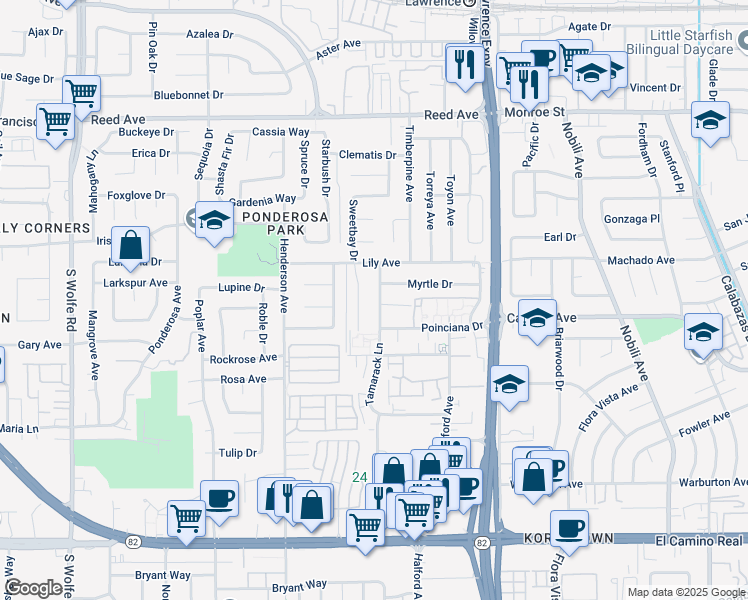 map of restaurants, bars, coffee shops, grocery stores, and more near 833 Tamarack Lane in Sunnyvale