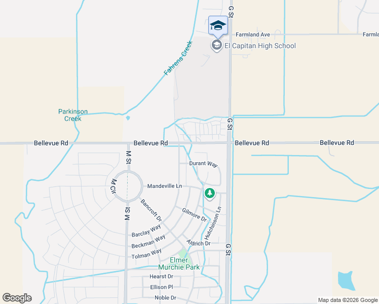 map of restaurants, bars, coffee shops, grocery stores, and more near 4975 Dexter Court in Merced
