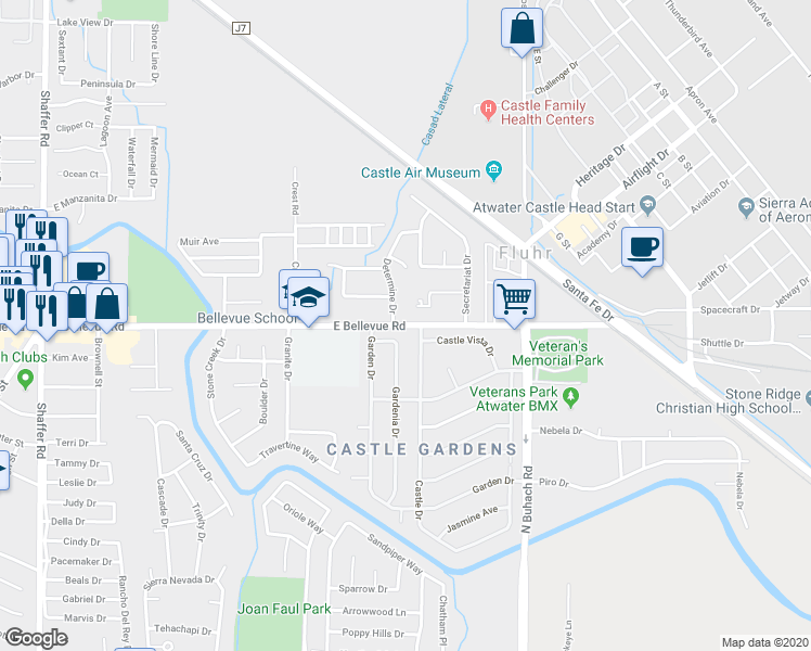 map of restaurants, bars, coffee shops, grocery stores, and more near 1325 East Bellevue Road in Atwater