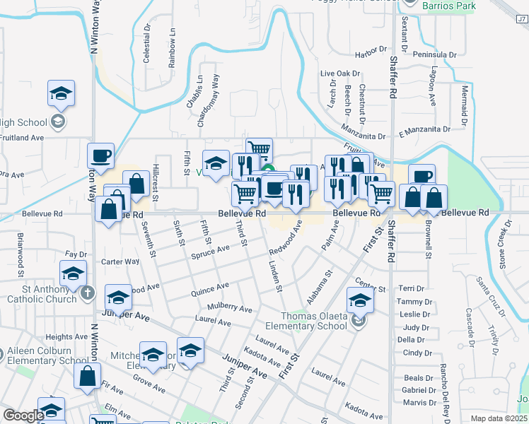 map of restaurants, bars, coffee shops, grocery stores, and more near 981 Bellevue Road in Atwater