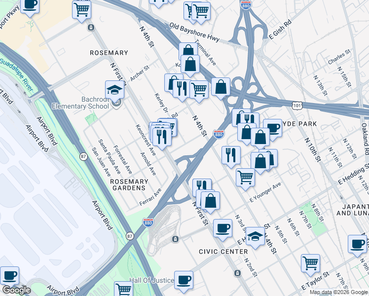 map of restaurants, bars, coffee shops, grocery stores, and more near 60 East Rosemary Street in San Jose