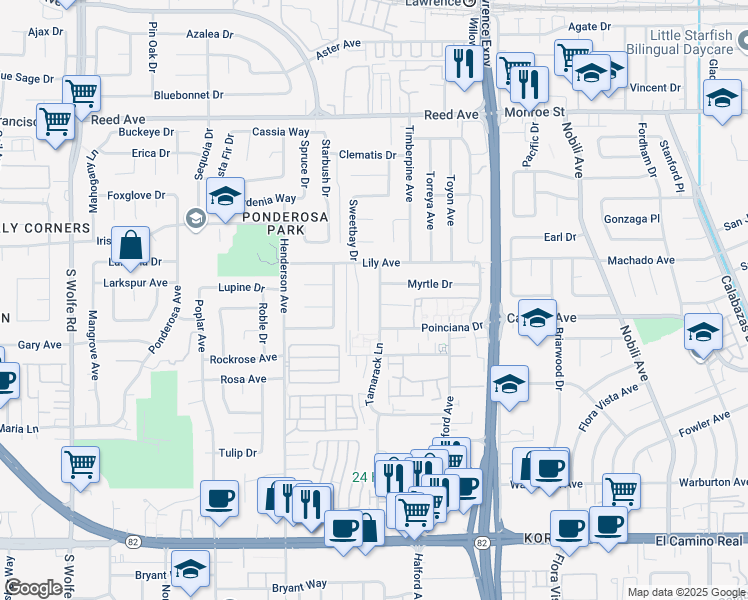 map of restaurants, bars, coffee shops, grocery stores, and more near 833 Tamarack Lane in Sunnyvale