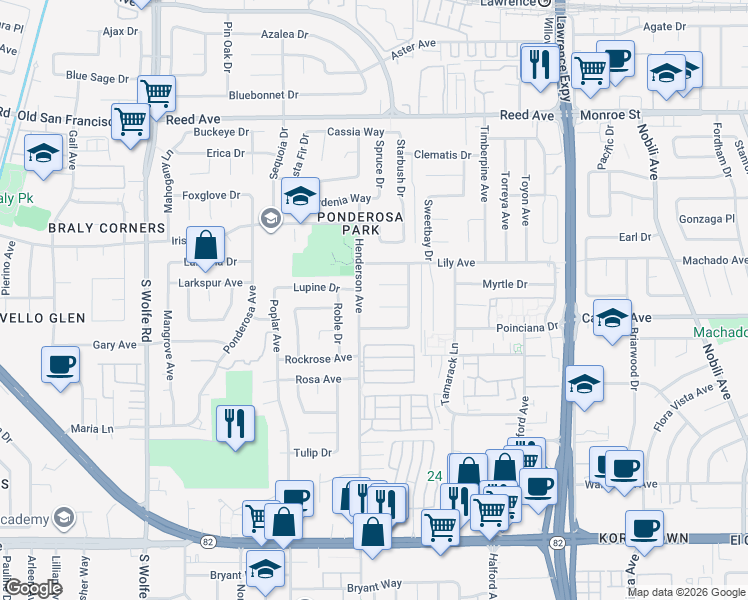 map of restaurants, bars, coffee shops, grocery stores, and more near 1059 Oleander Court in Sunnyvale