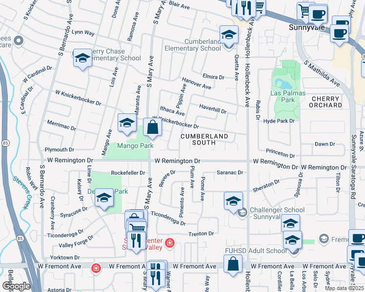map of restaurants, bars, coffee shops, grocery stores, and more near 1034 Persimmon Avenue in Sunnyvale