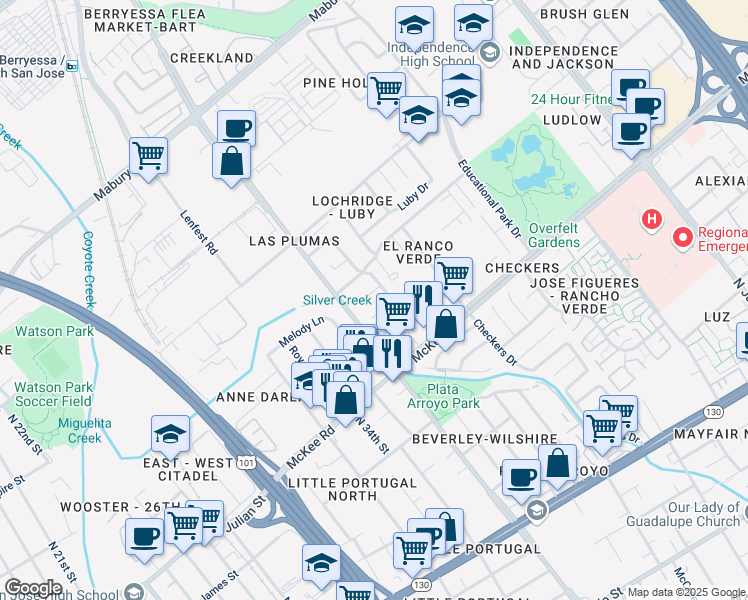 map of restaurants, bars, coffee shops, grocery stores, and more near 1741 Marigold Court in San Jose