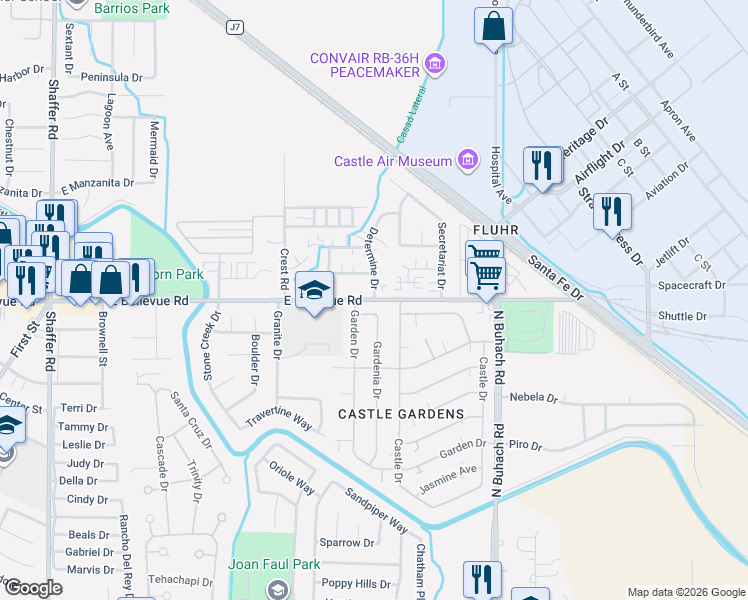 map of restaurants, bars, coffee shops, grocery stores, and more near East Bellevue Road in Atwater