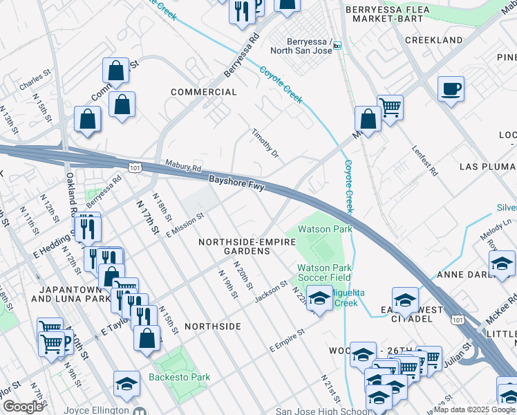 map of restaurants, bars, coffee shops, grocery stores, and more near 727 North 23rd Street in San Jose
