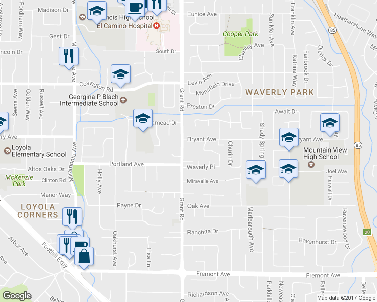 map of restaurants, bars, coffee shops, grocery stores, and more near 3565 Grant Road in Mountain View