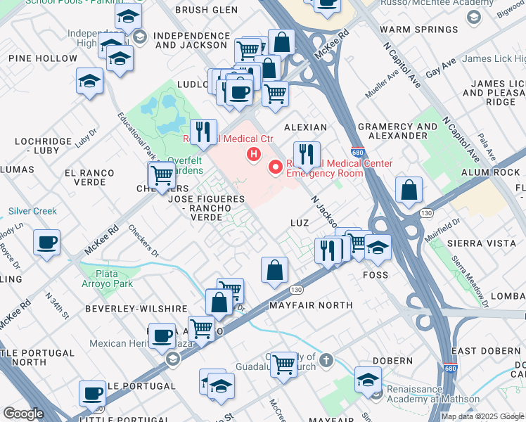 map of restaurants, bars, coffee shops, grocery stores, and more near 194 Jose Figueres Avenue in San Jose