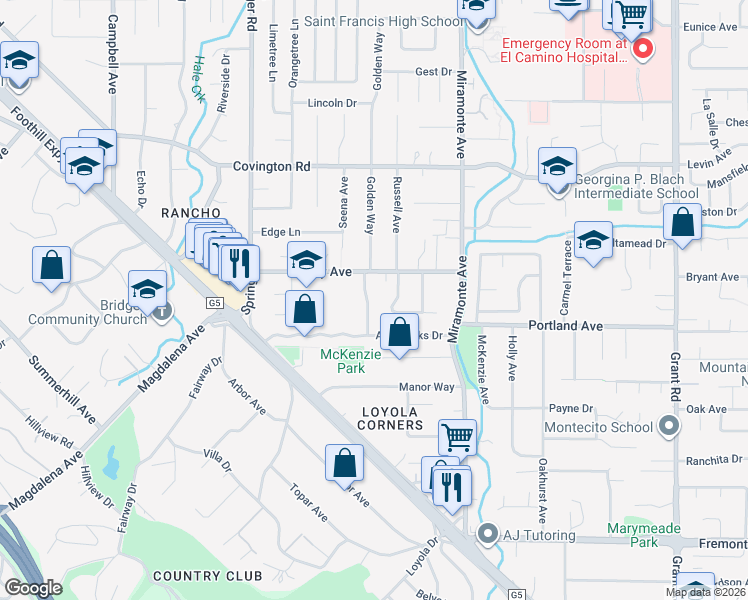 map of restaurants, bars, coffee shops, grocery stores, and more near 1253 Golden Way in Los Altos