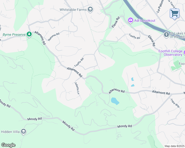 map of restaurants, bars, coffee shops, grocery stores, and more near 26385 Altamont Road in Los Altos Hills