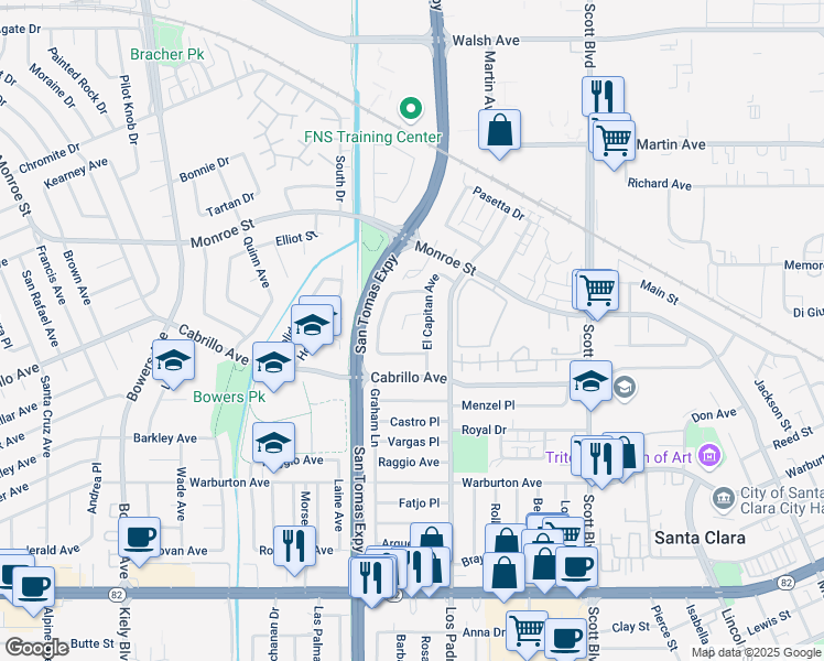 map of restaurants, bars, coffee shops, grocery stores, and more near 2374 Alberta Court in Santa Clara