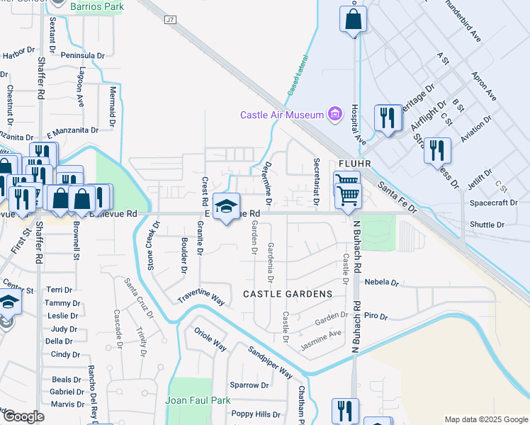 map of restaurants, bars, coffee shops, grocery stores, and more near 1271 East Bellevue Road in Atwater