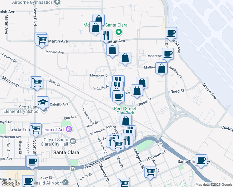 map of restaurants, bars, coffee shops, grocery stores, and more near 2012 Lafayette Street in Santa Clara