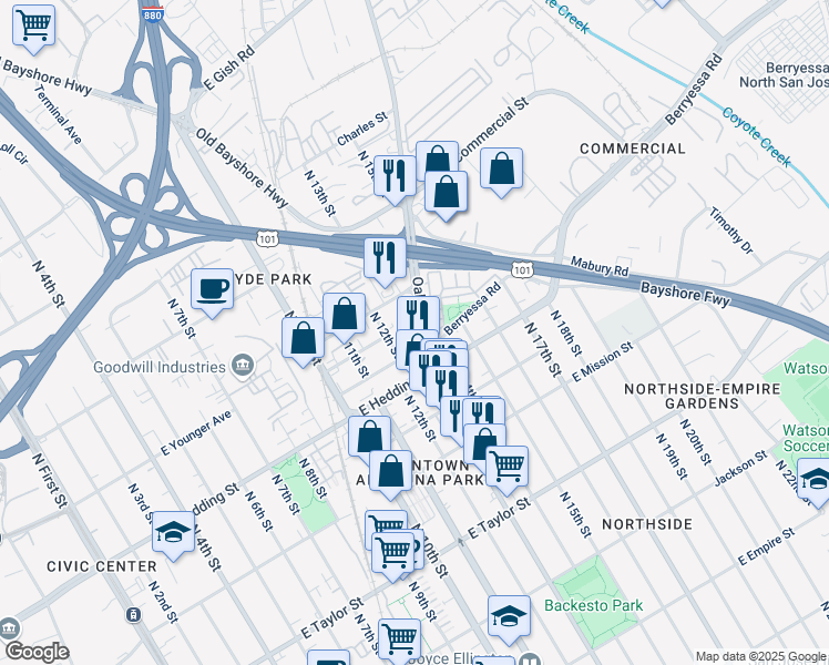 map of restaurants, bars, coffee shops, grocery stores, and more near 939 Oakland Road in San Jose